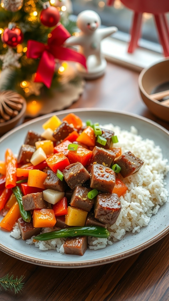 A vibrant Korean-inspired holiday dish with colorful vegetables and marinated protein on rice, garnished with sesame seeds and green onions.